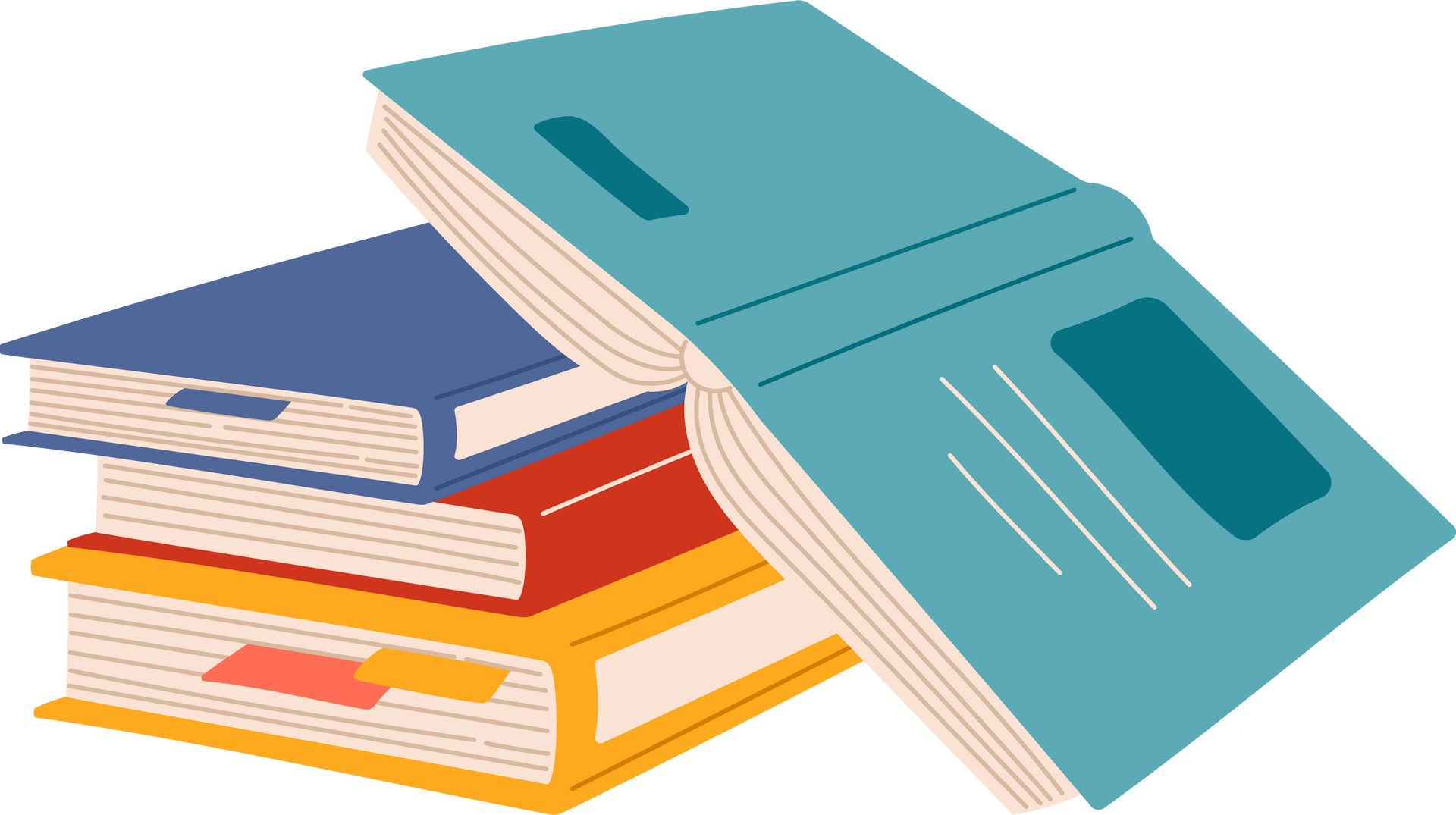 Une pile de quatre livres, dont trois sont posés à plat et un livre bleu ouvert repose en diagonale dessus.