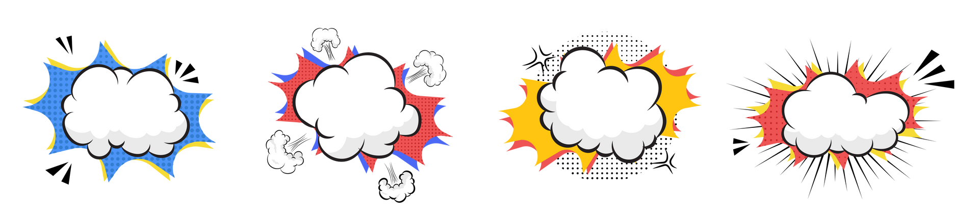 Quatre bulles de dialogue colorées et irrégulières, de style bande dessinée, en bleu, rouge, jaune et orange sur fond blanc.