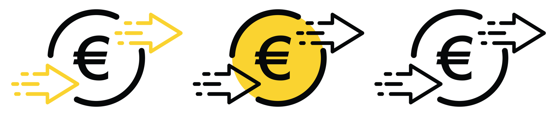 Trois symboles de l'euro dans des cercles avec des flèches indiquant le mouvement, en contour jaune.