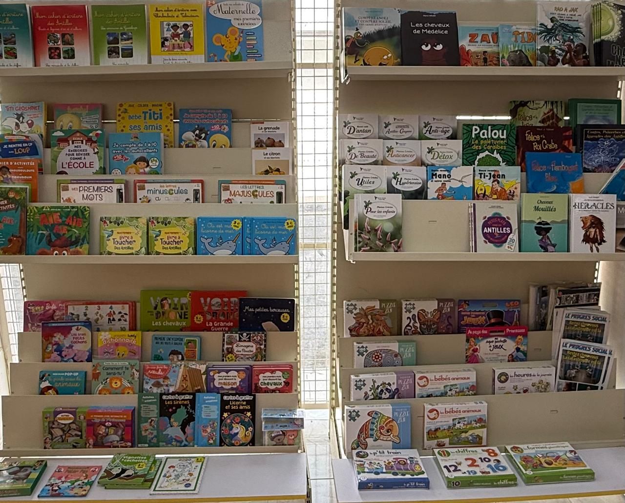 Deux étagères de livres pour enfants.