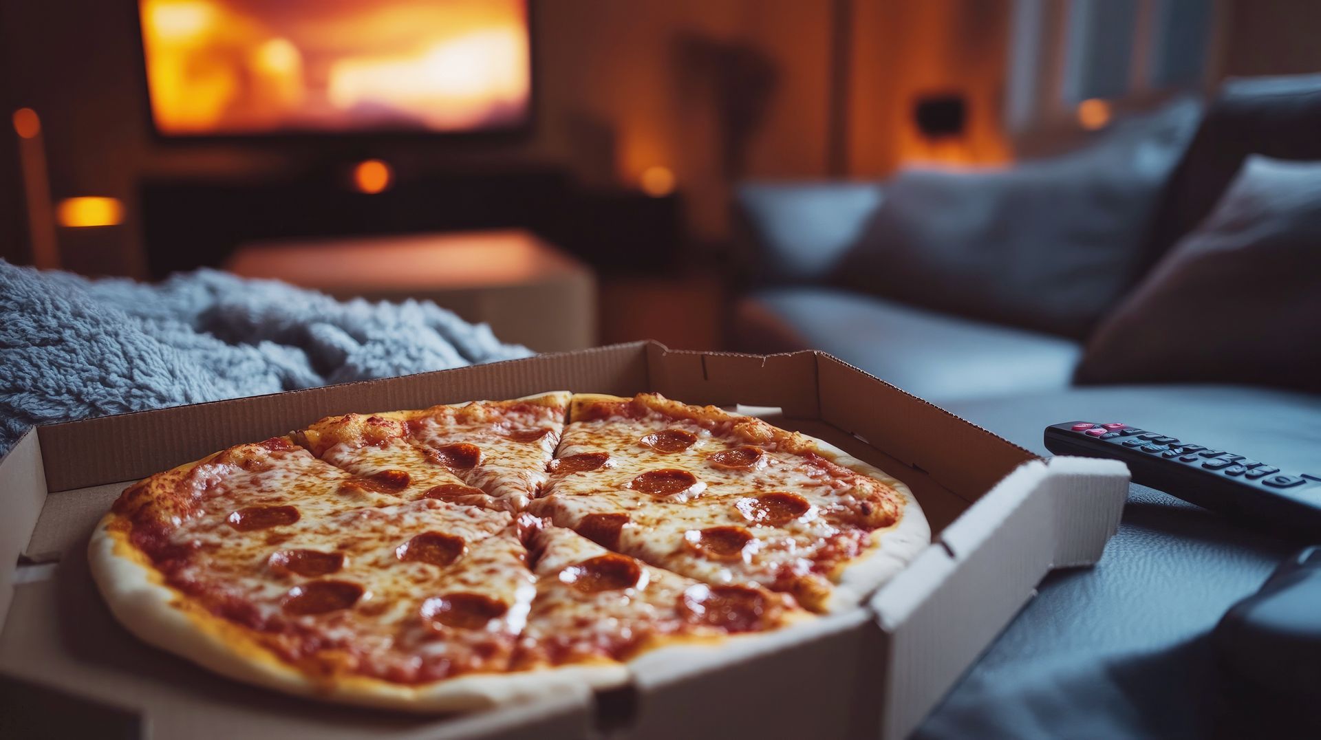 Une pizza dans une boîte sur un canapé, une télécommande à proximité, une télévision en arrière-plan, faiblement éclairée.