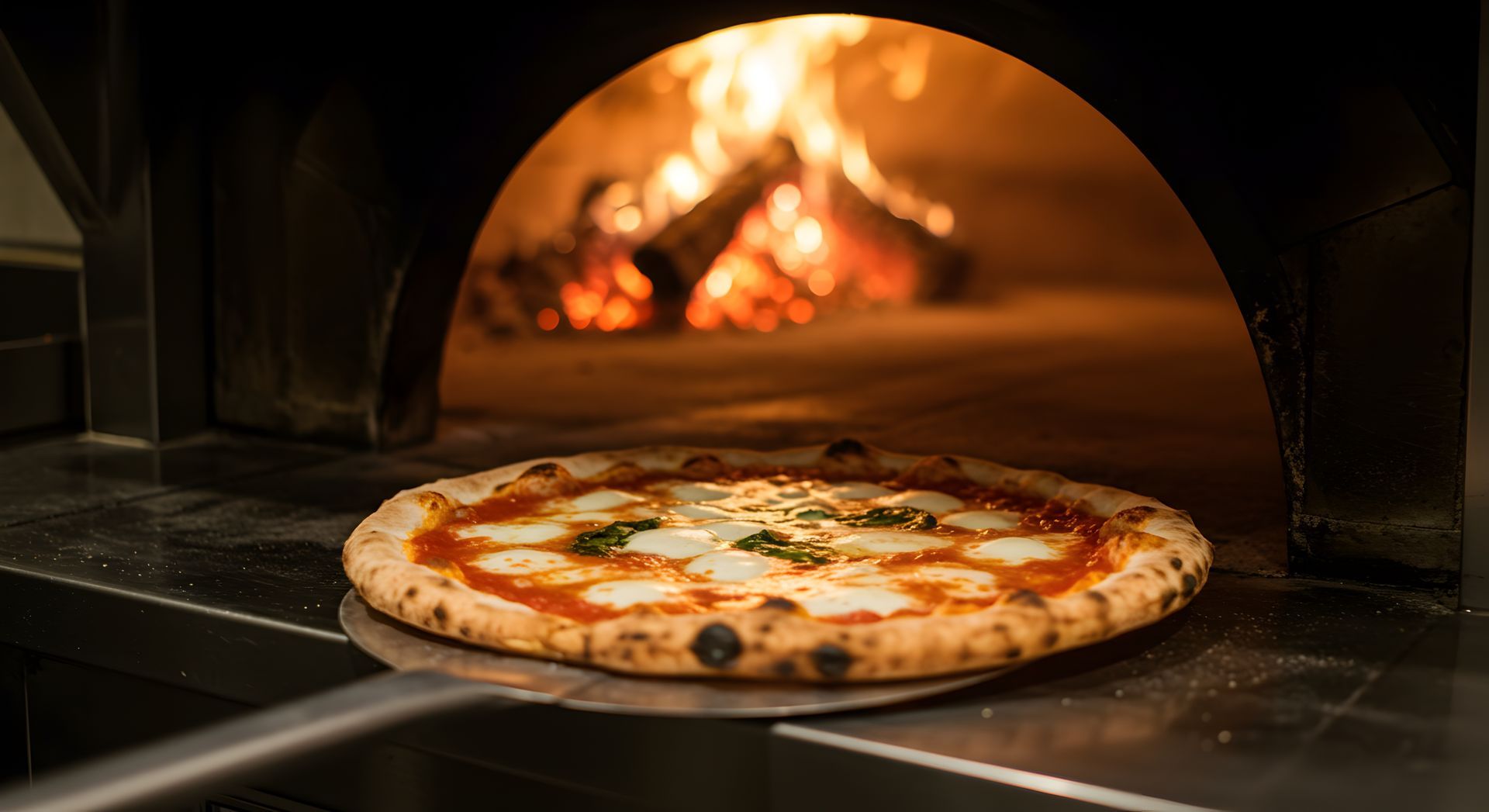 Une pizza est retirée d'un four à bois avec des flammes visibles en arrière-plan.