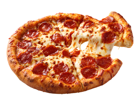 Pizza au pepperoni avec une tranche tirée et du fromage qui s'étire.