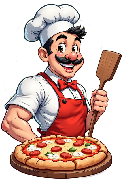 Chef tenant une pizza, portant un tablier rouge et un chapeau de chef, souriant.