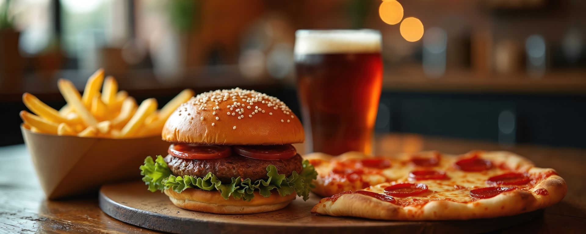 Burger, frites, pizza et bière sur une table en bois dans un restaurant.