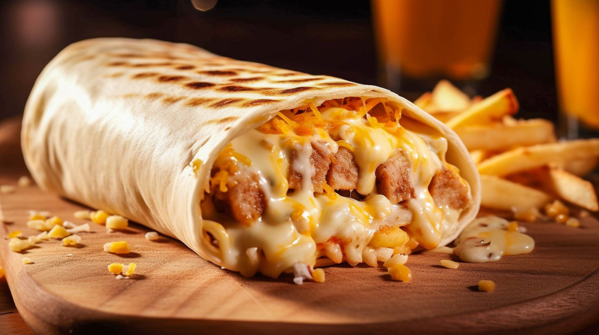 Burrito avec fromage fondu, viande et pâtes sur une planche de bois, avec frites et boissons.