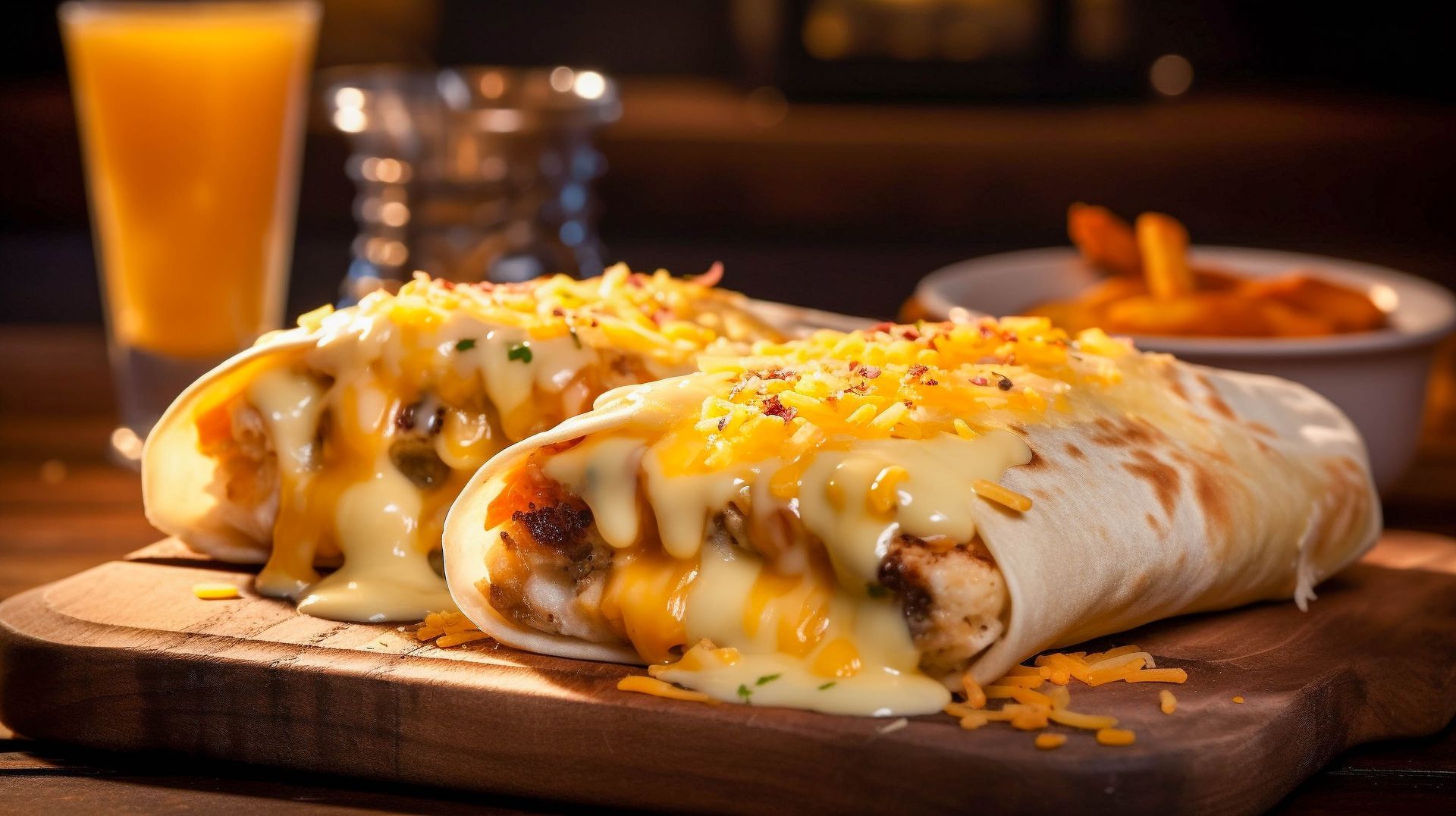 Deux burritos au fromage sur une planche de bois, accompagnés de frites et de jus d'orange.