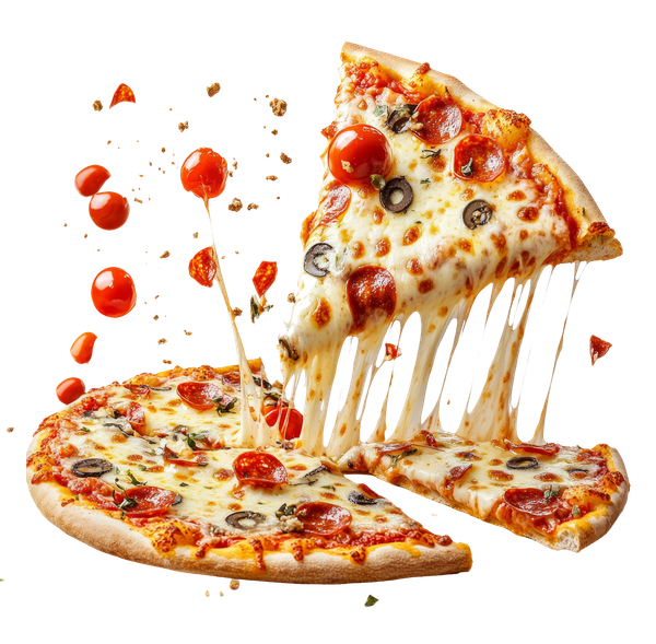 Pizza avec une tranche soulevée, montrant un morceau de fromage filandreux et des tomates flottant.