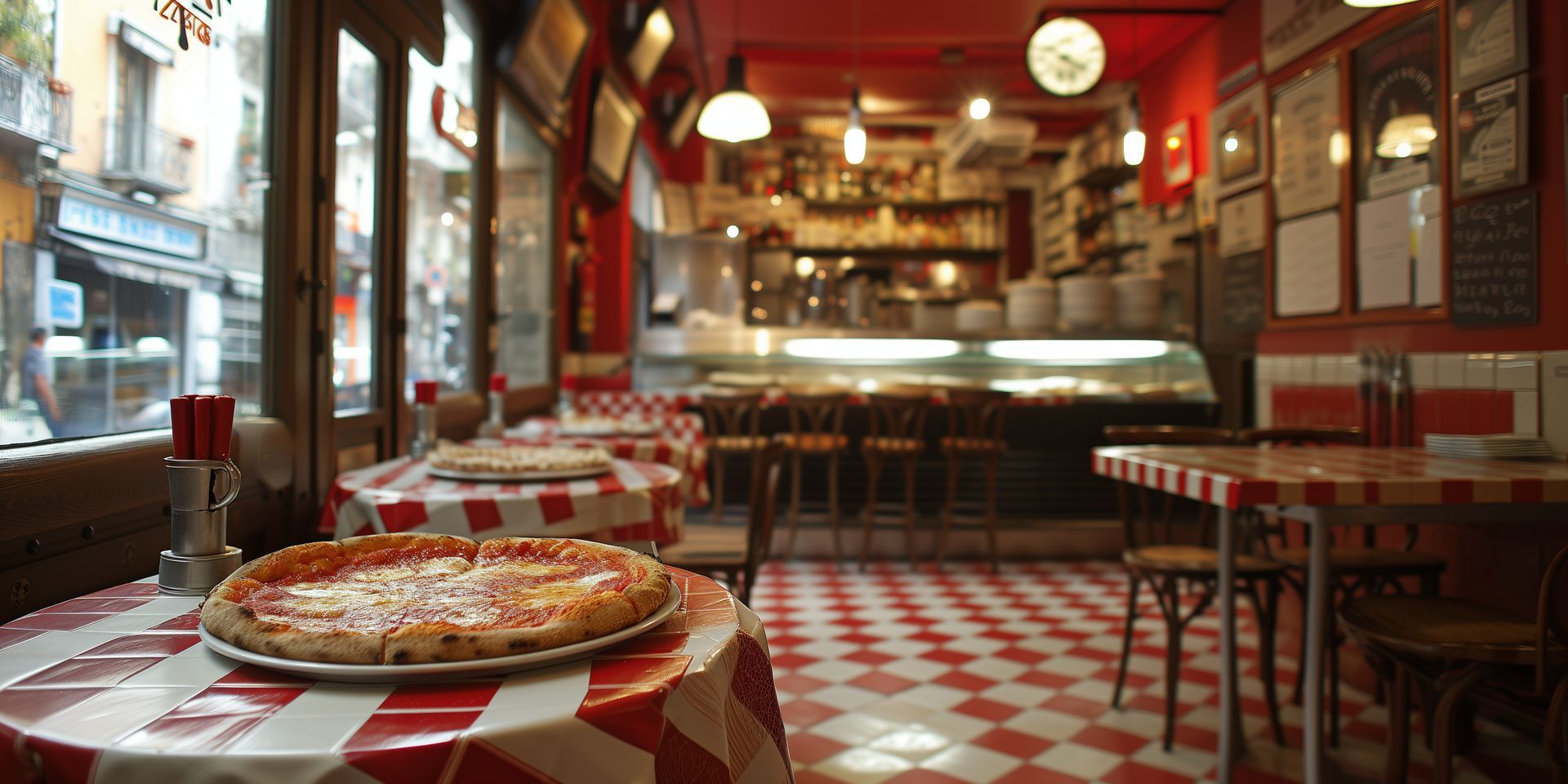 Pizza sur une table à l'intérieur d'une pizzeria à thème rouge avec des sols à damier et une vue sur une rue à l'extérieur.