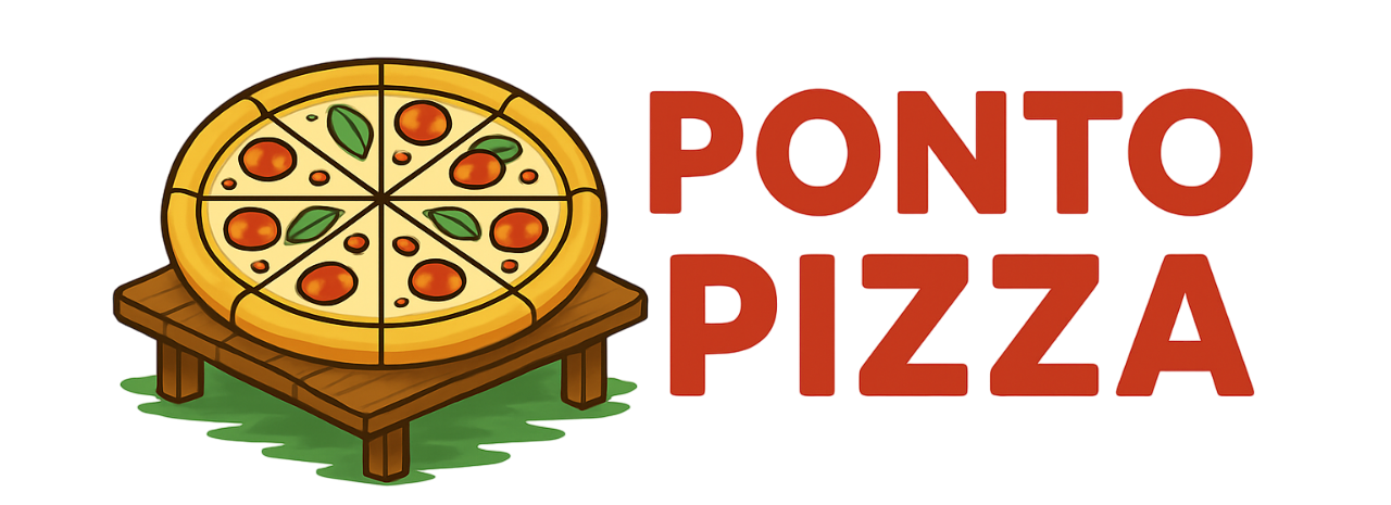 Pizza sur une petite table en bois avec un texte rouge indiquant « Ponto Pizza ».