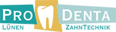 Logo für Pro Denta Zahntechnik, türkis und gelb mit einem Zahnsymbol.