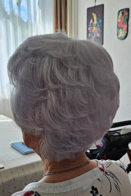 Dos d'une personne aux cheveux gris courts, assise à l'intérieur près d'une fenêtre et d'une œuvre d'art murale