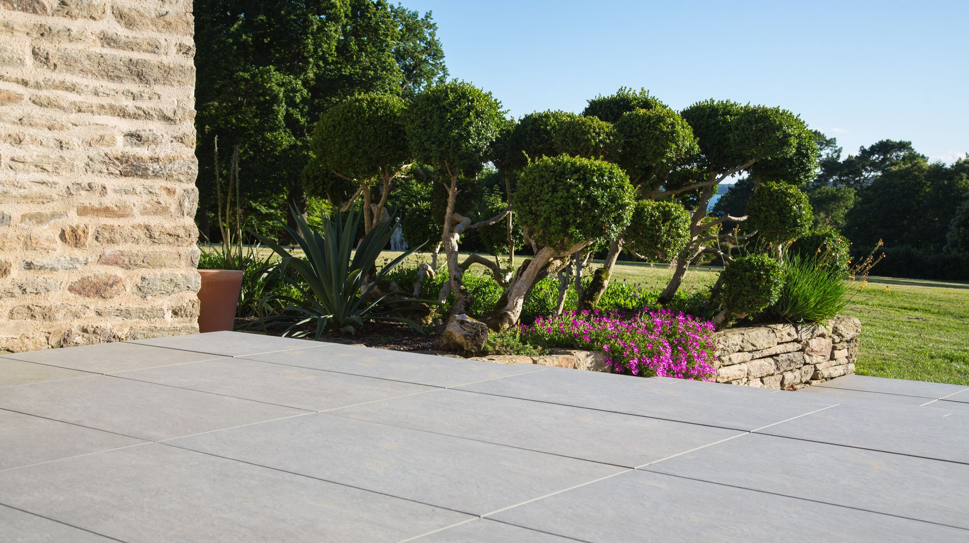 Terrasse en pierre avec un muret en pierre contenant des arbustes et des fleurs violettes.