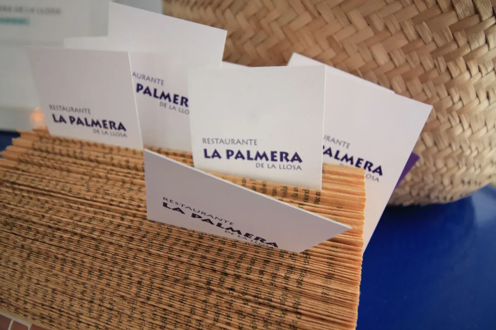 Un expositor de folletos con motivos de palmeras sobre una mesa azul, que muestra tarjetas de La Palmera en blanco y azul.