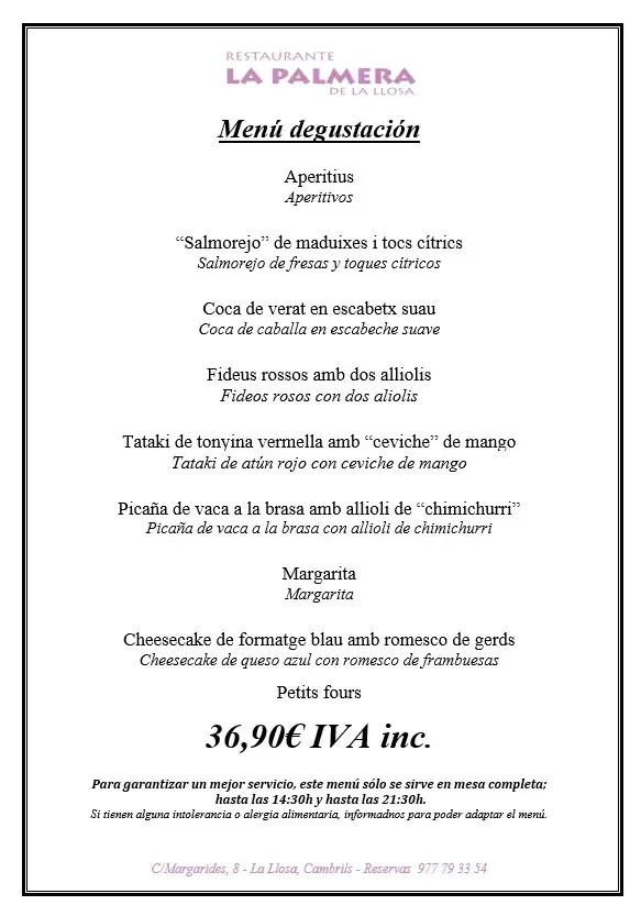Folleto con la carta del restaurante La Palmera con opciones para el almuerzo y precio 36,90€ IVA incluido.