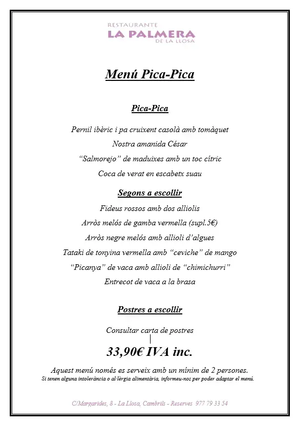 Menú de postres del restaurante con los platos y precios en una página blanca enmarcada en rosa.
