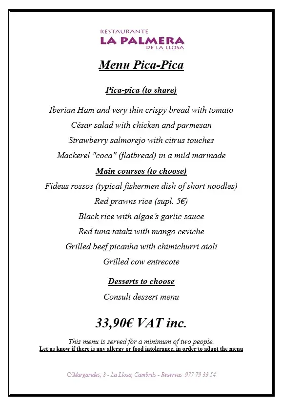 Menú del restaurante La Palmera en página blanca con título morado y texto negro, que enumera los platos y precios.