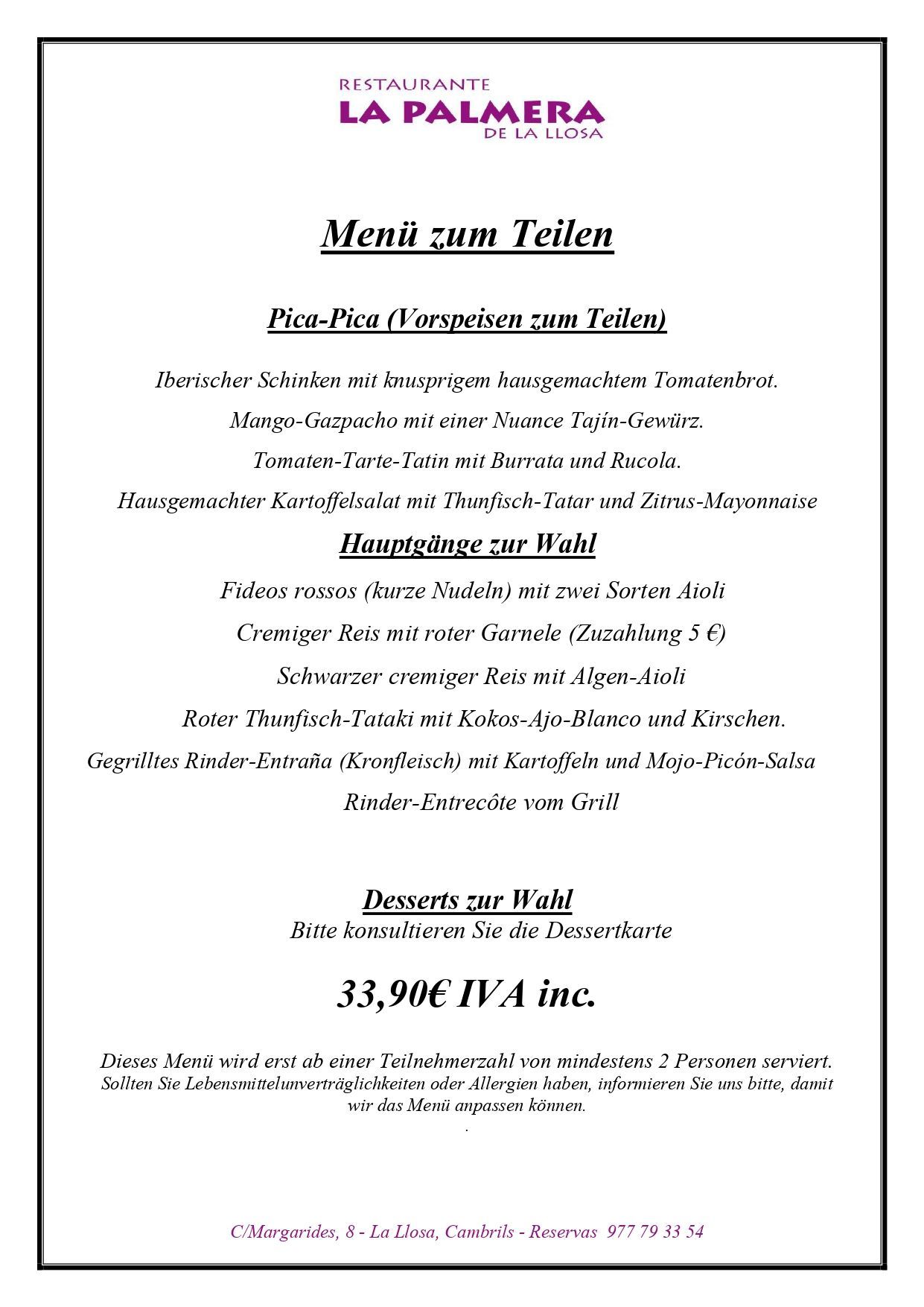 Menú de postres del restaurante con los platos y precios en una página blanca enmarcada en rosa.