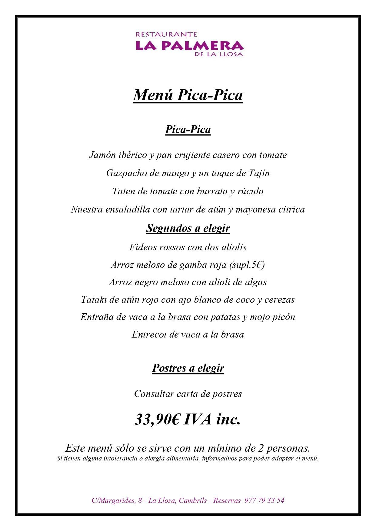 Menú de postres del restaurante con los platos y precios en una página blanca enmarcada en rosa.