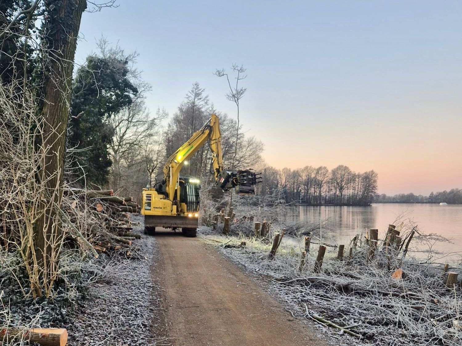 Ein Bagger fällt an einem kalten, frühen Morgen Bäume entlang eines Weges neben einem See.