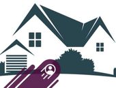 Una silueta de una casa con un objeto morado delante de ella.