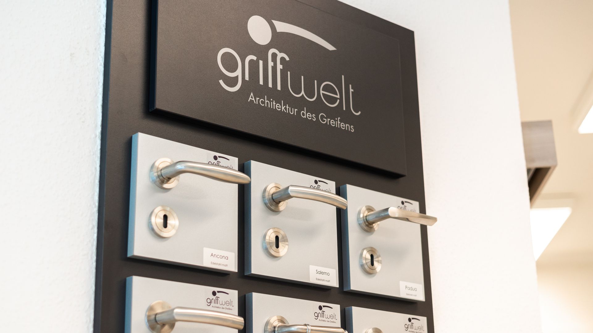 Eine Anzeige von Türgriffen und ein Schild mit der Aufschrift Griffwelt