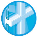 Ein blauer Kreis mit einem Bild eines Fensters darin