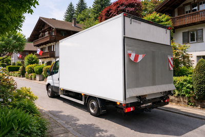 Ein weisser Sattelzug fährt bei Sonnenuntergang auf einer Autobahn.