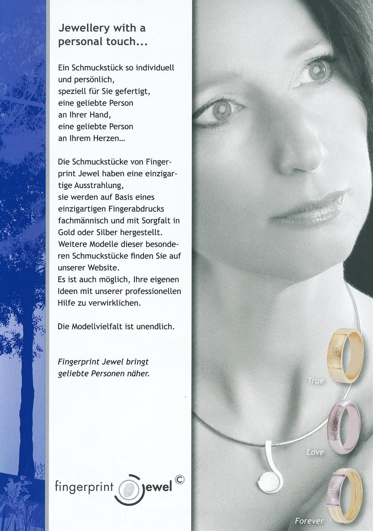 Das Gesicht einer Frau ist auf einer Seite mit der Aufschrift „Schmuck“ zu sehen. Was für eine persönliche Note
