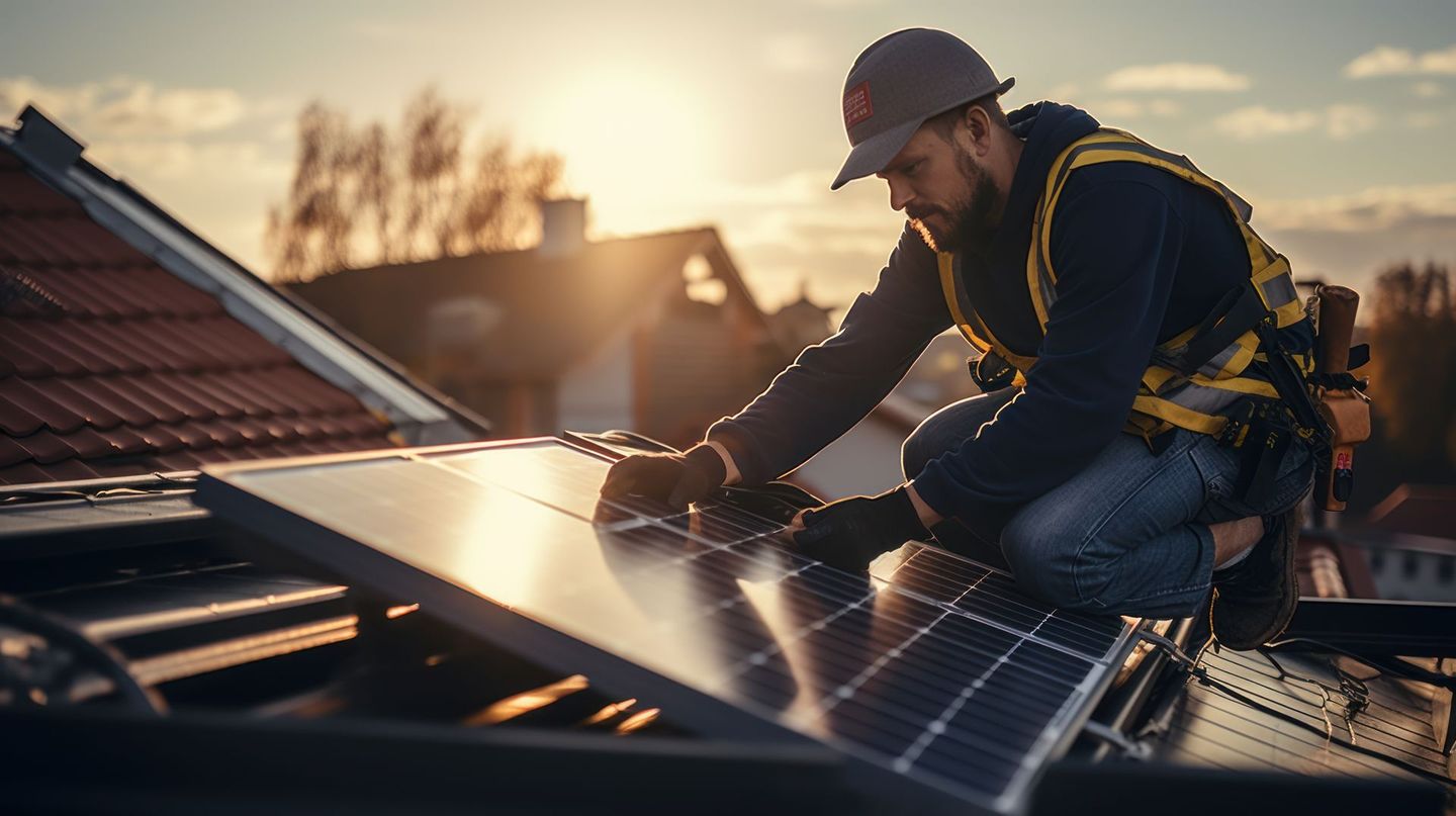 Homme sur un toit en train d'installer un panneau solaire