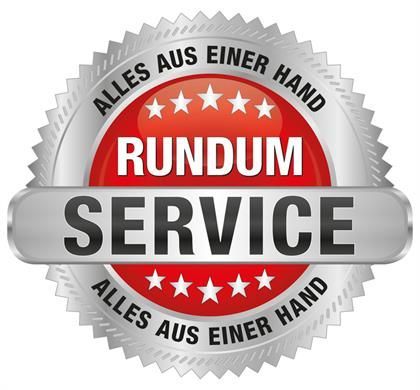 Ein rot-silbernes Abzeichen mit der Aufschrift „Rundum Service“