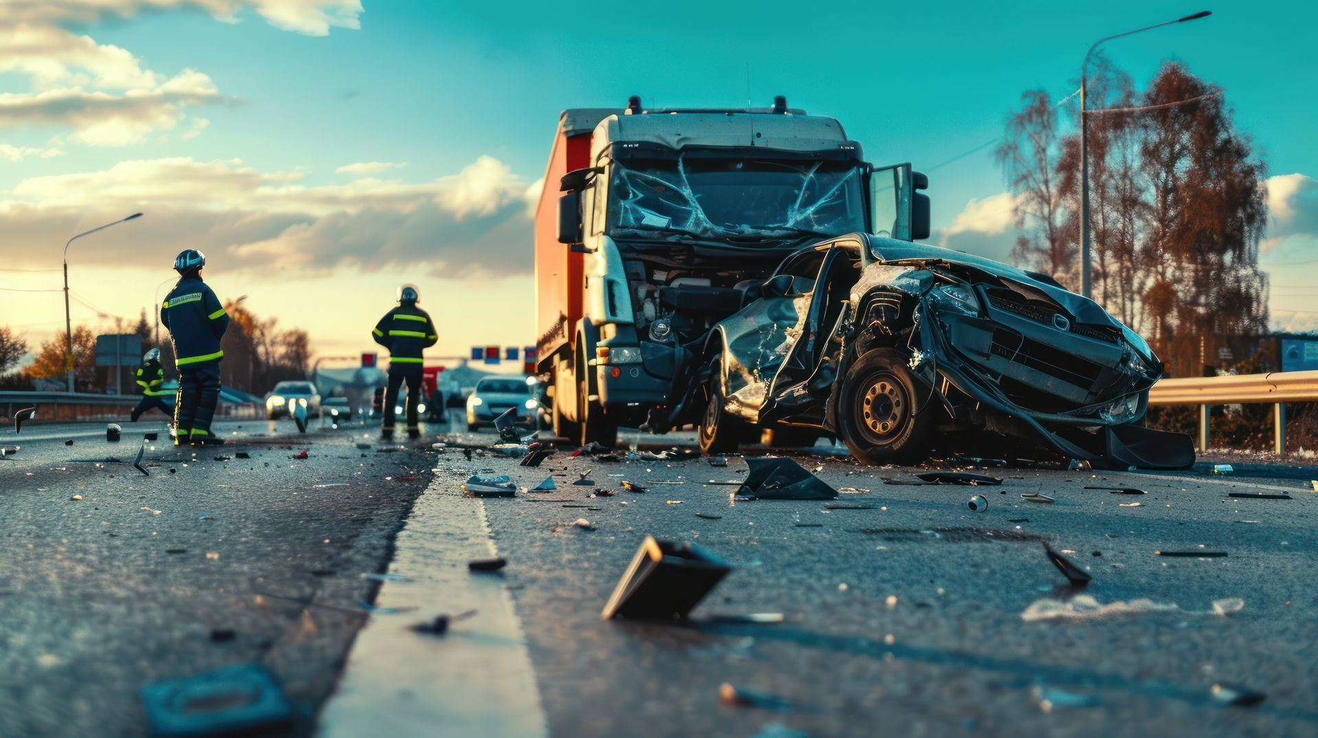 Les services d'urgence sont sur les lieux d'une grave collision entre un semi-remorque et une voiture sur une autoroute
