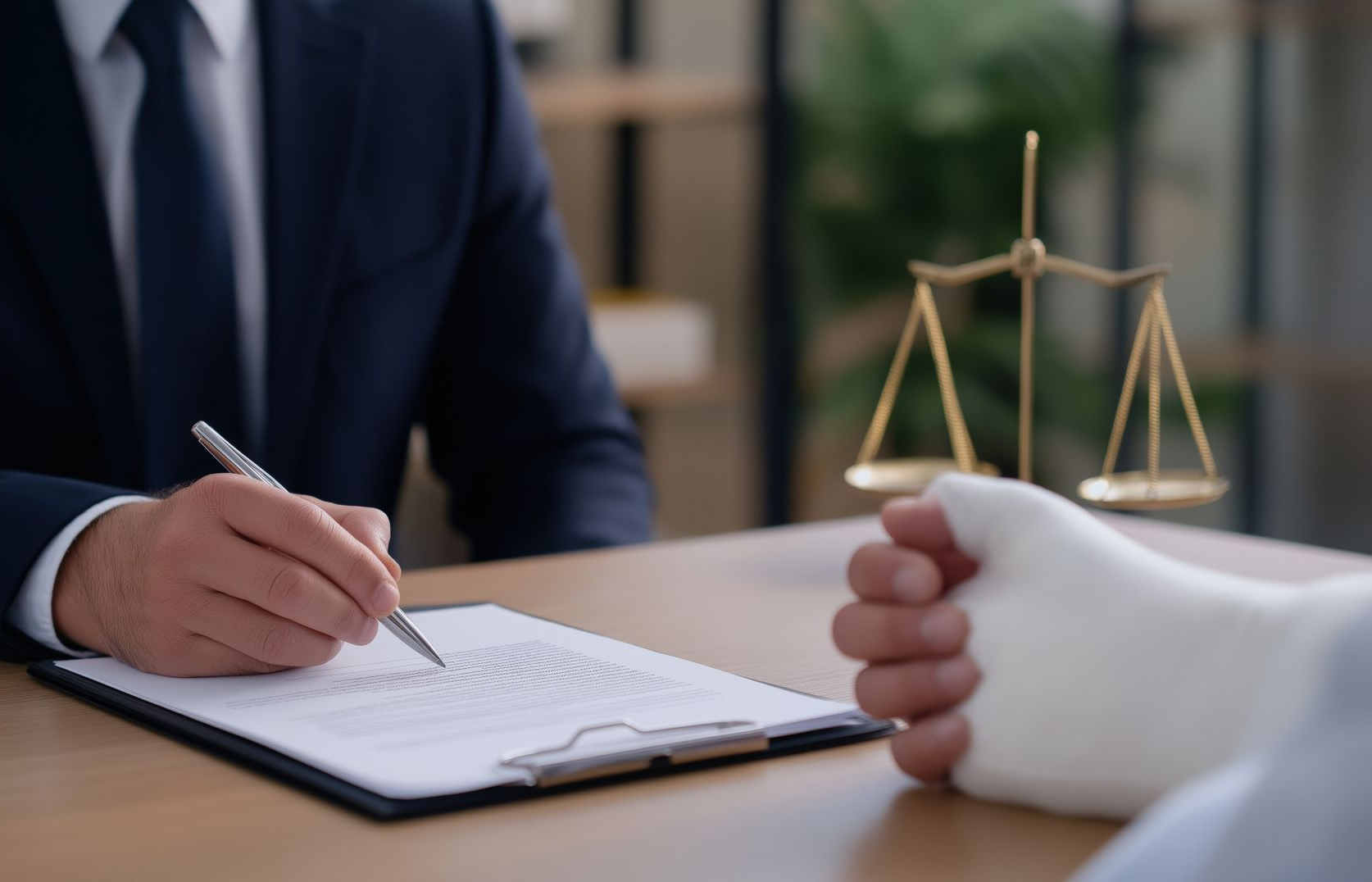Une personne en costume rédige un document en face d'une autre ayant une main bandée, à côté d'une balance de la justice.