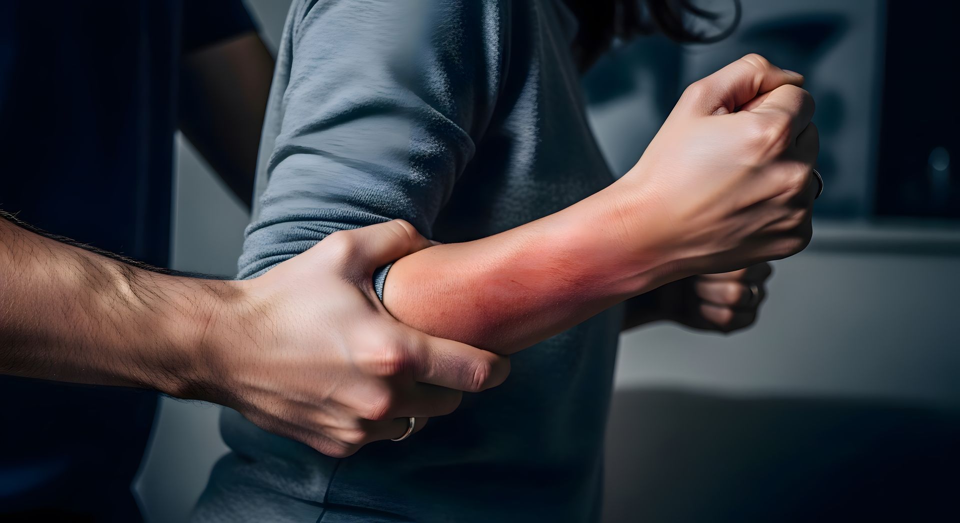 La main d'une personne serre fermement l'avant-bras d'une autre personne, dont la peau présente d'importantes rougeurs.