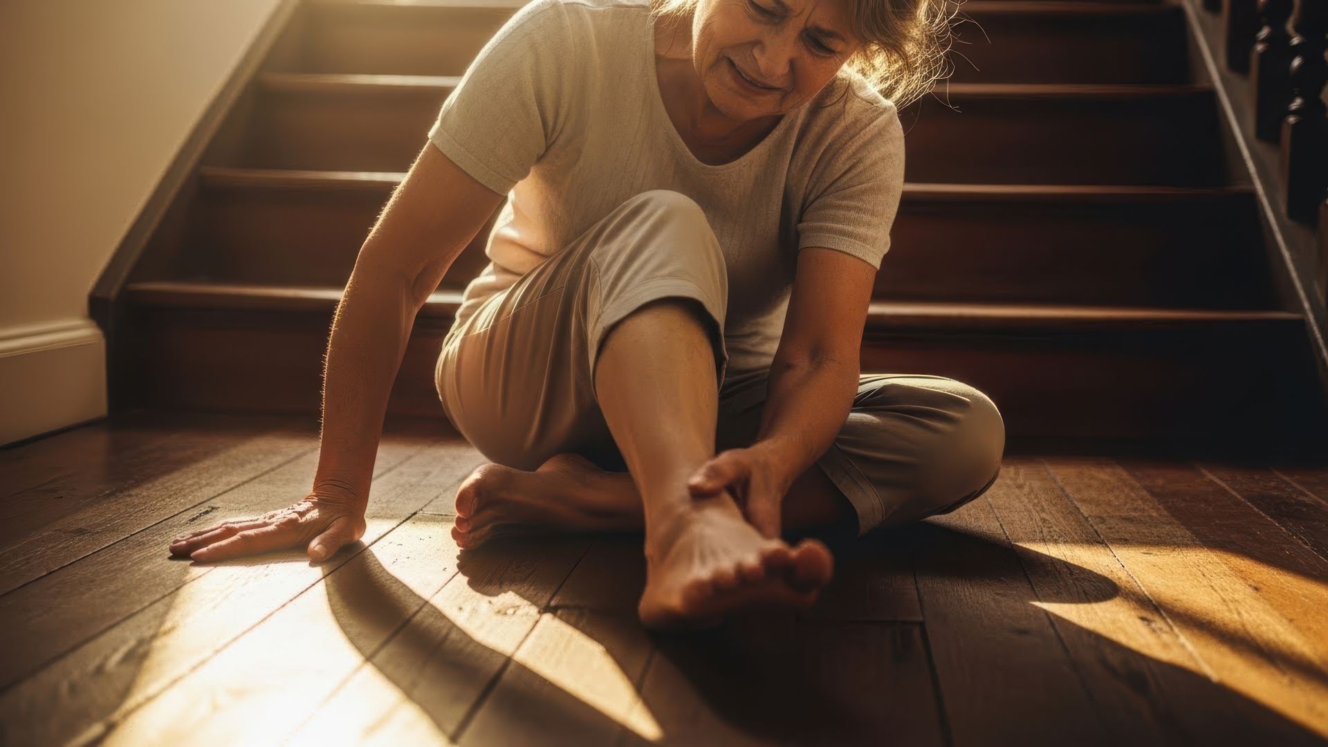 Une personne est assise sur un plancher en bois près d'un escalier, se tenant la cheville, visiblement gênée.