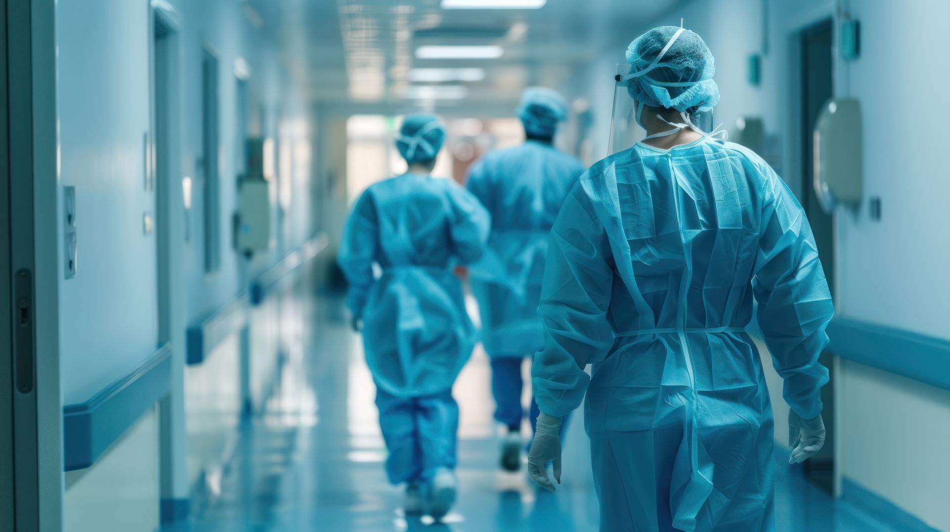 Trois professionnels de santé en blouse bleue et coiffes voilées descendent un couloir d'hôpital baigné de lumière.