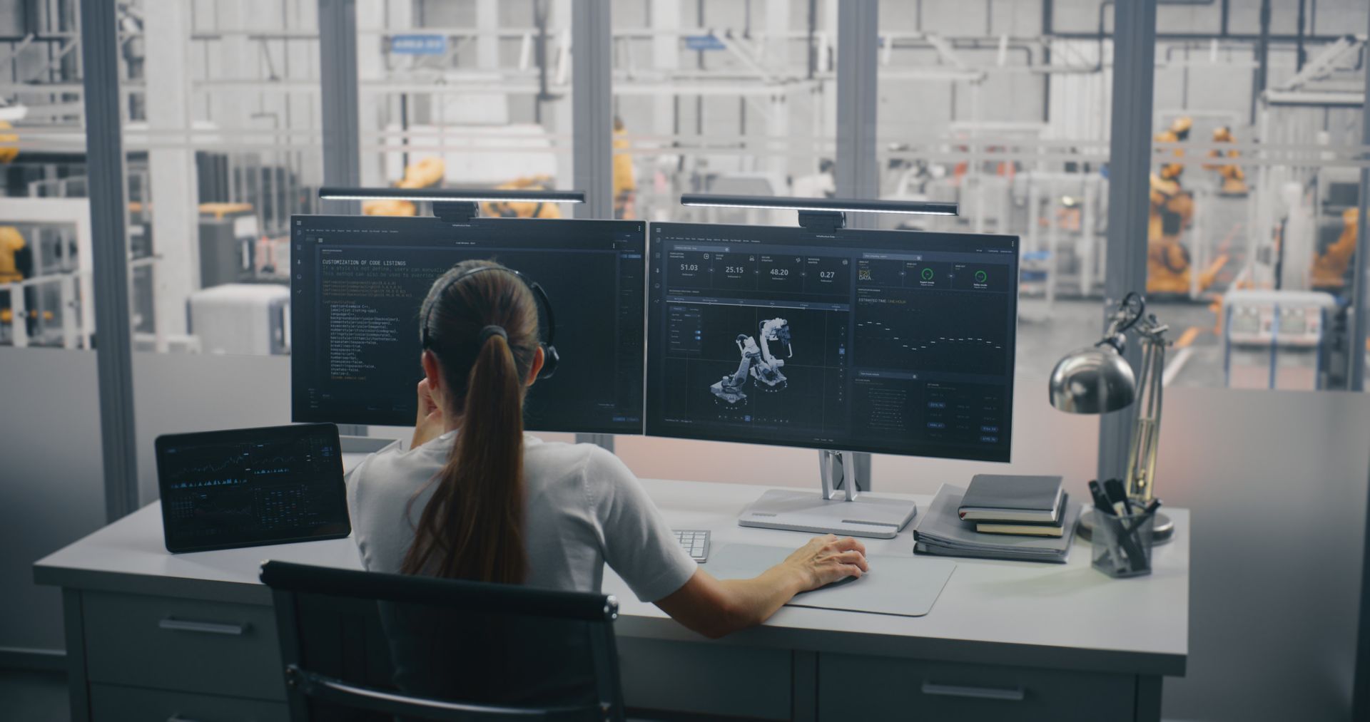 Femme assise à un bureau dans un laboratoire informatique, travaillant sur des ordinateurs.