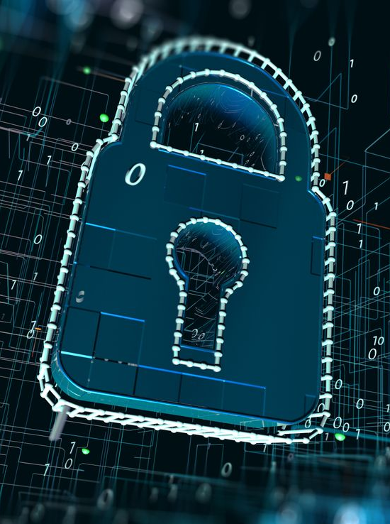 Cadenas numérique bleu avec serrure, superposé à un réseau de lignes et de code binaire, symbolisant la cybersécurité.
