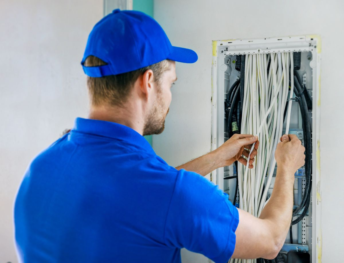 Un électricien en chemise et casquette bleues travaille sur le câblage à l'intérieur d'un mur.