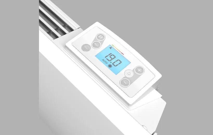 Radiateur électrique blanc avec panneau de commande affichant 19,0 degrés.