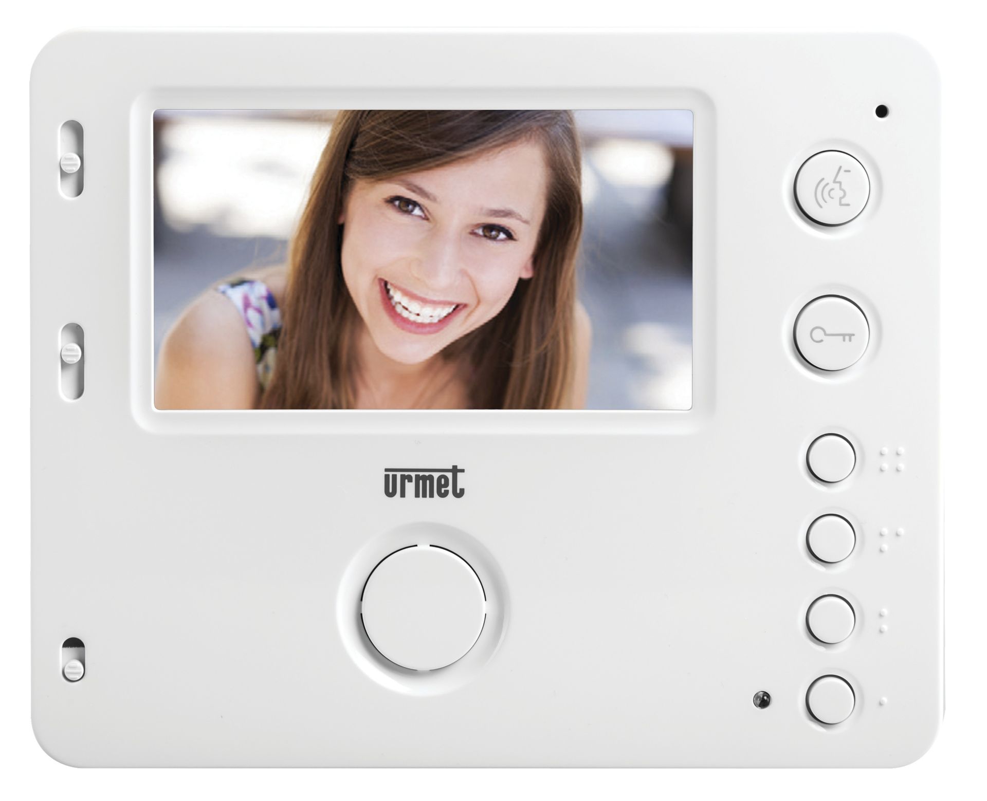 Interphone vidéo blanc montrant une femme souriante à l'écran, entourée de boutons de commande.