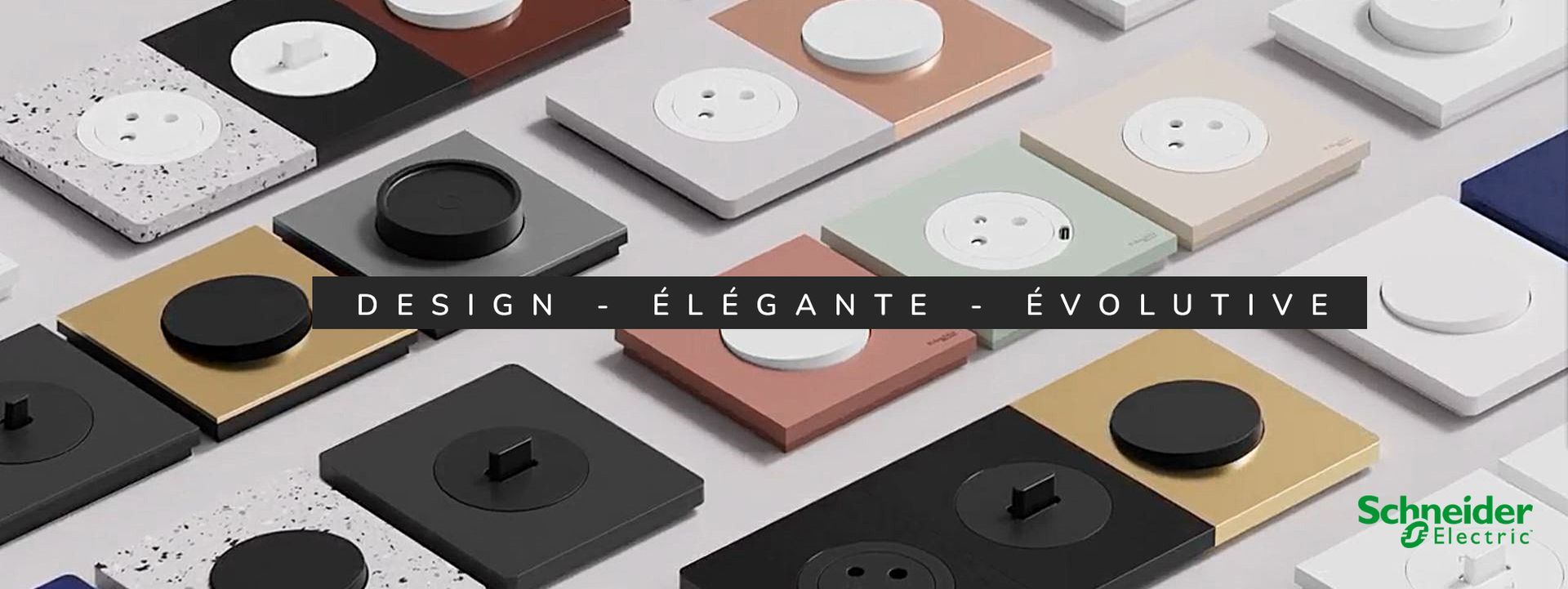 Des prises électriques colorées aux teintes et textures variées, avec les mots « design, élégance, évolutif ».