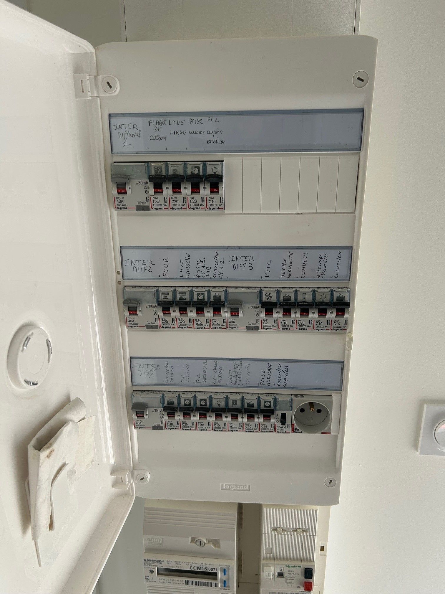 Tableau électrique blanc mural comportant plusieurs disjoncteurs et interrupteurs.