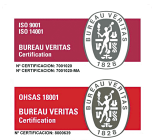 Insignias de certificación de Bureau Veritas en banners rojos para ISO 9001, ISO 14001 y OHSAS 18001