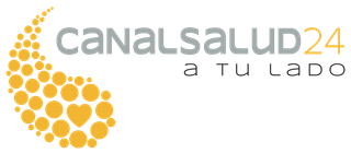 Logotipo de Canal Salud 24, con texto gris y una lágrima amarilla con un corazón dentro. 