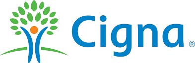 Logotipo de Cigna: gráfico de un árbol con una persona en él, texto azul 