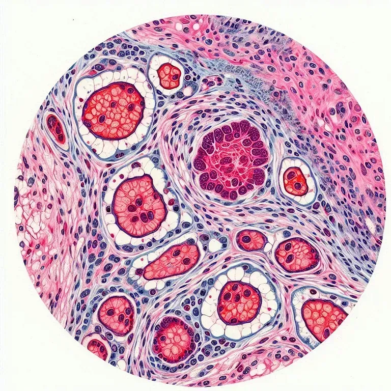 Vista microscópica de una muestra de tejido, que muestra estructuras circulares con coloración roja y blanca, rodeadas de células rosadas y azules.