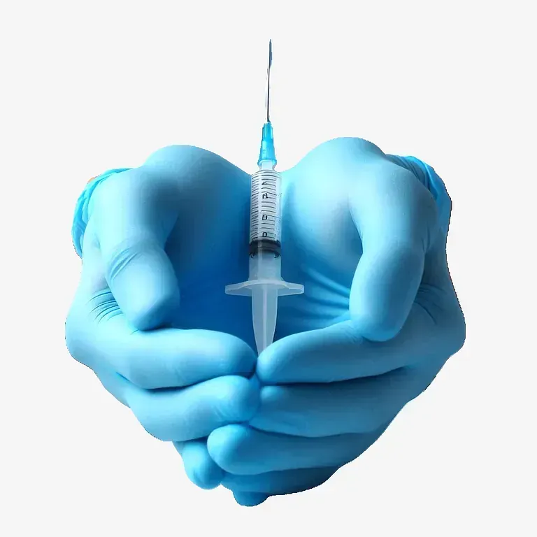 Manos con guantes azules sosteniendo una jeringa.