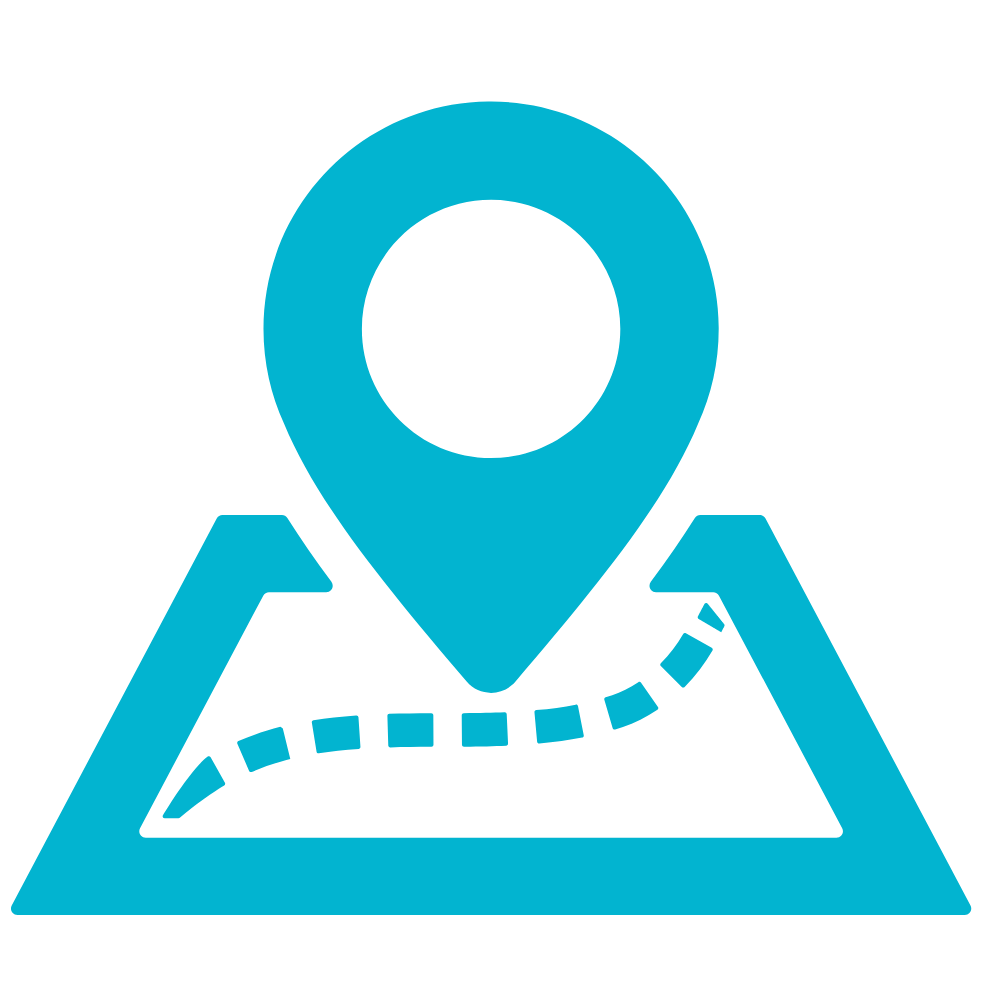 Ícono de mapa azul con un pin de ubicación y una ruta punteada.