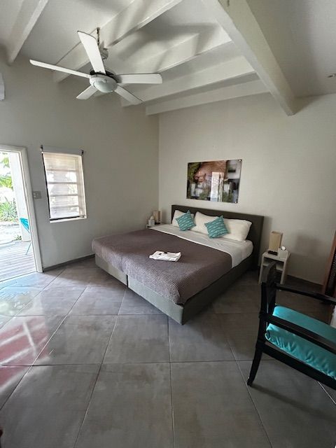 Een slaapkamer met een groot bed en een plafondventilator.